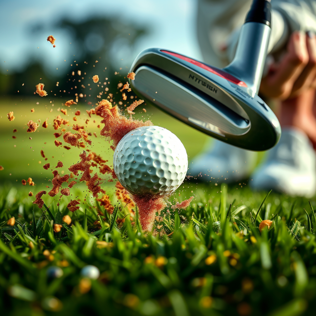 A dynamic shot of a golfer hitting an iron shot, showing the moment of impact where the ball is compressed. 