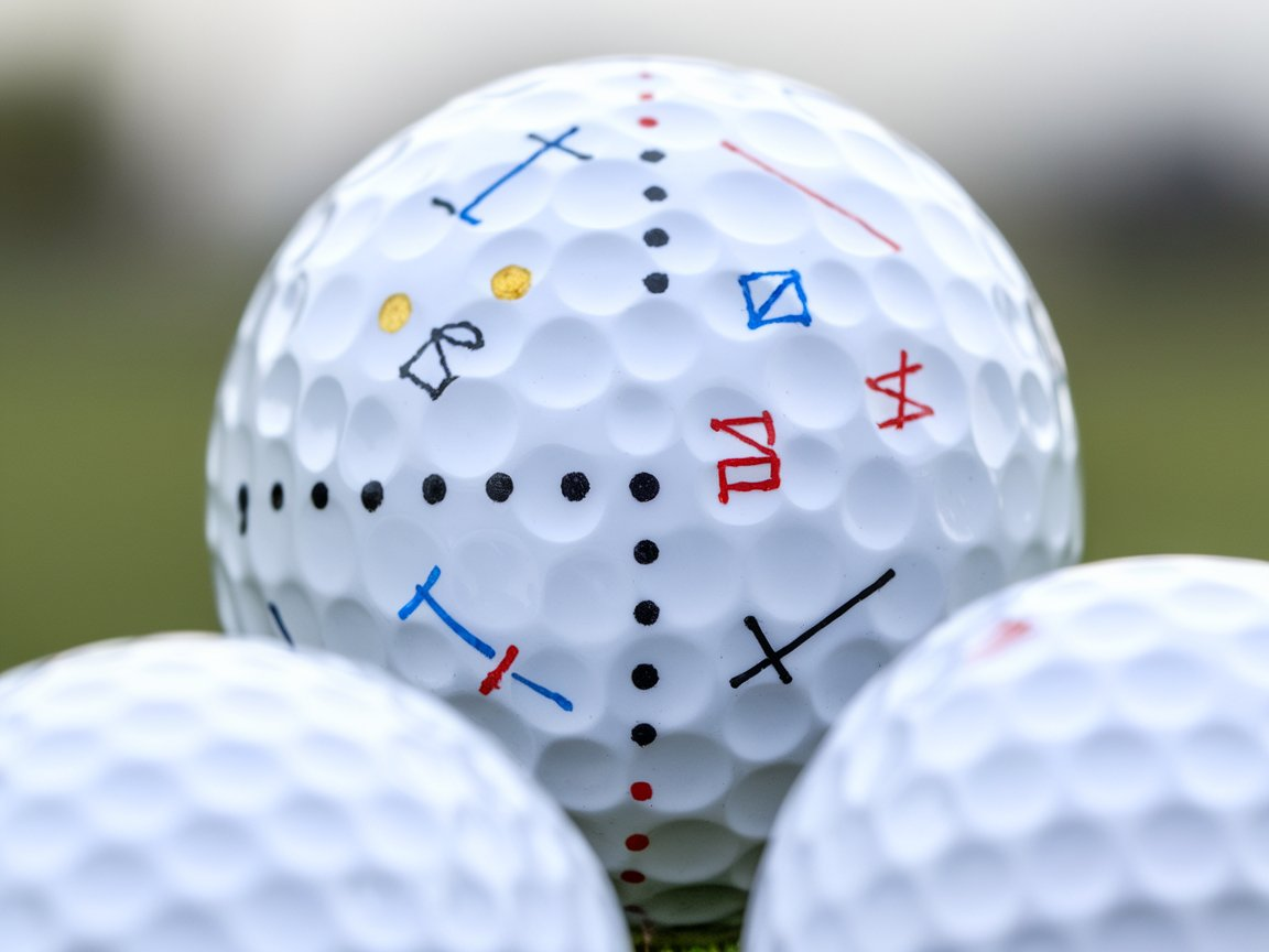 A close-up of a white golf ball with different marking styles—dots, initials, and alignment lines—displayed in various colors like black,red, and blue.