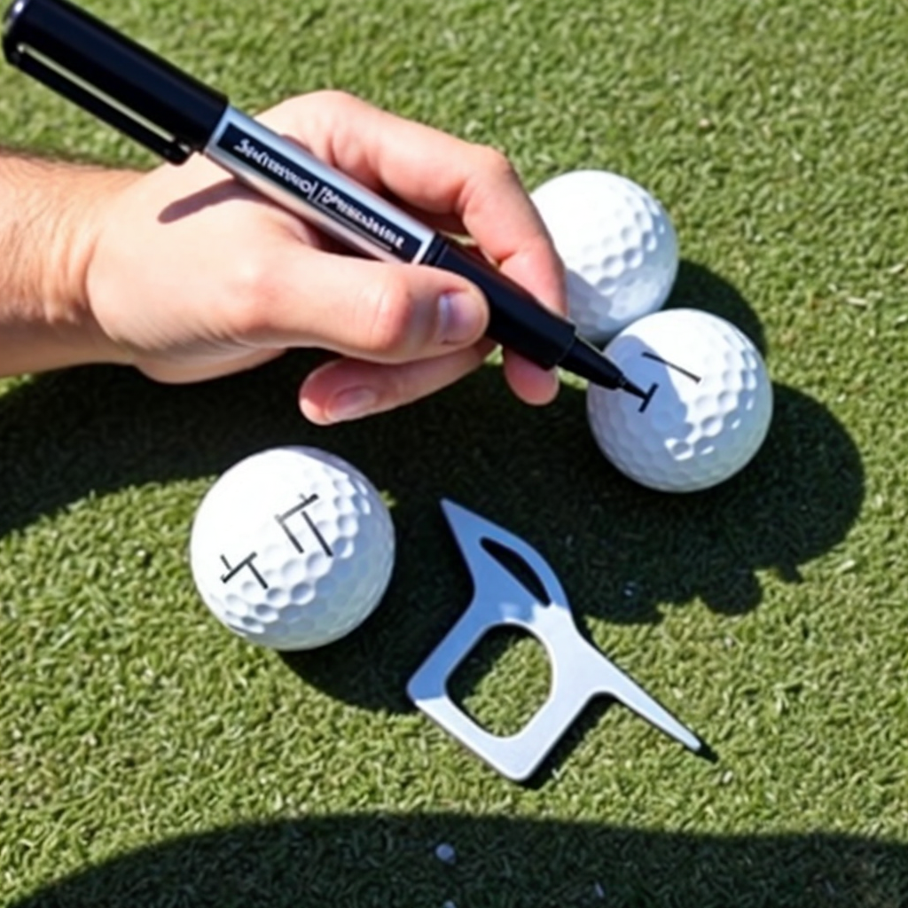 A hand holding a waterproof permanent marker near a few unmarked golf balls on a clean, outdoor surface