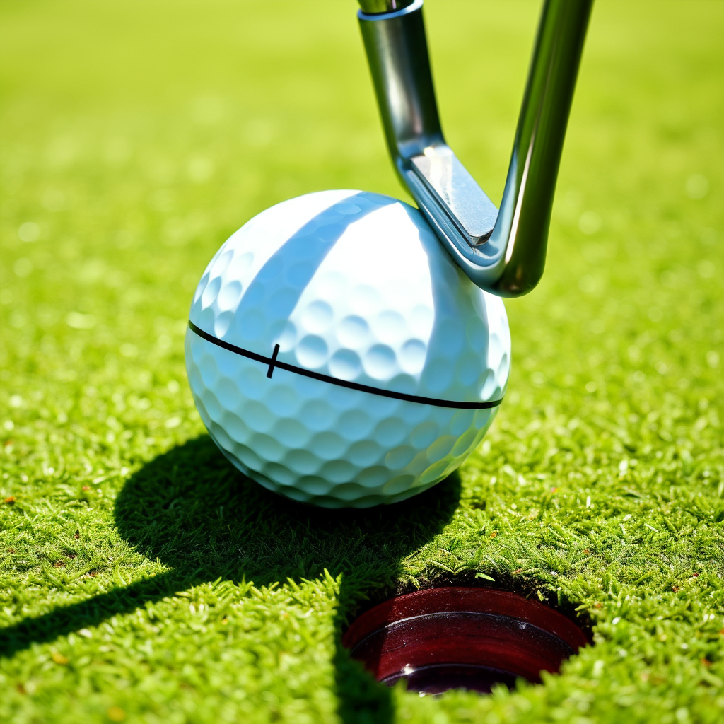 A close-up image of a marked golf ball on a putting green, with a visible straight black line across the ball for alignment purposes.