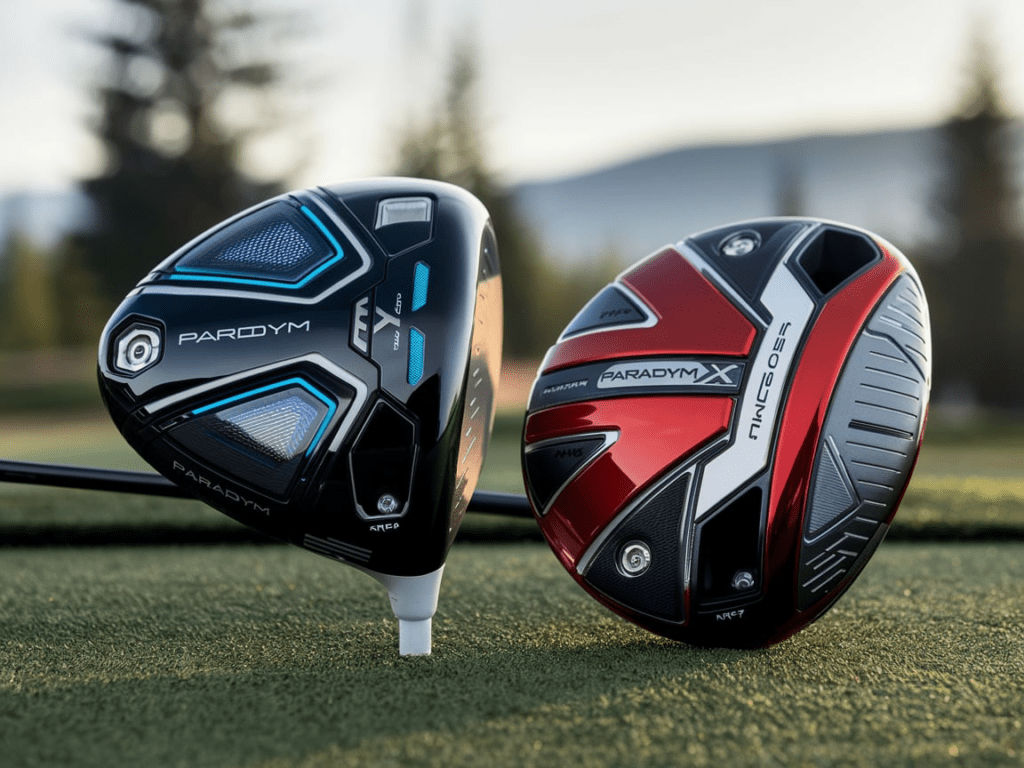 A close-up shot of both the Callaway Paradym and Paradym X drivers resting on a tee