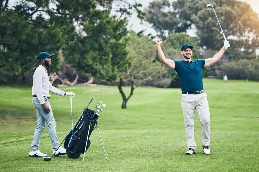 Golf course men friends and celebration for winning eagle shot